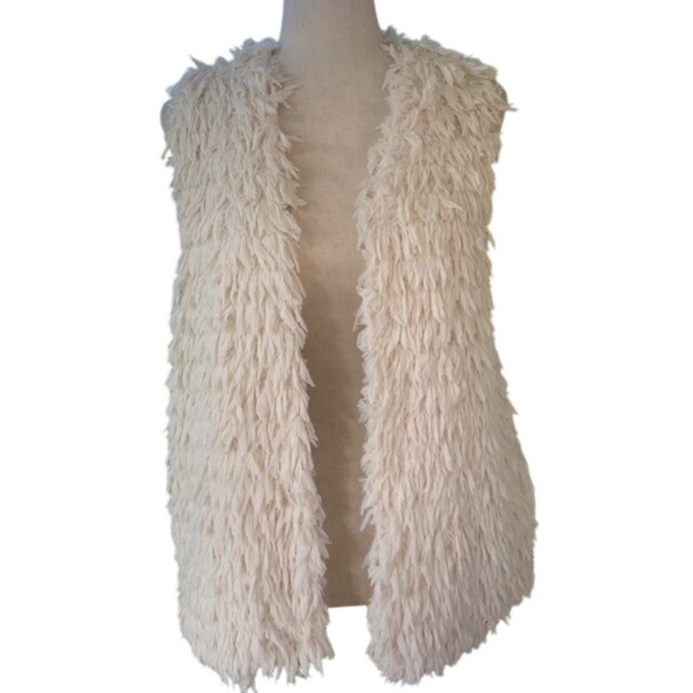 Boho Shag Faux Fur Open Front Vest M Cream Plush Festival Western Cowgirl Chic